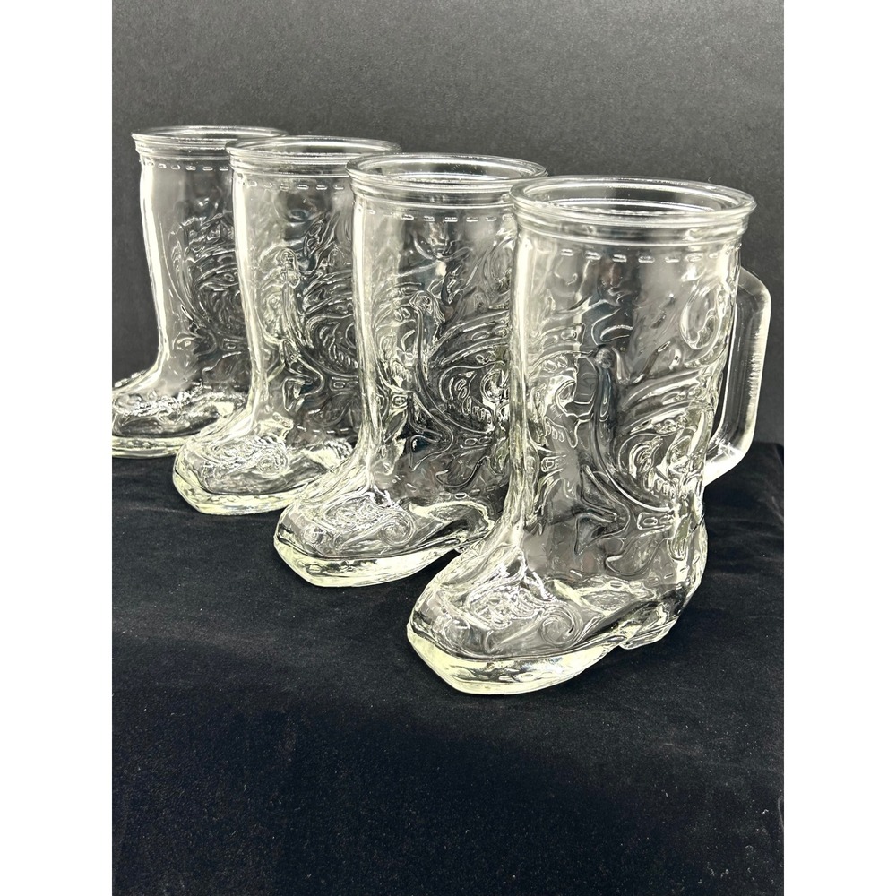 Set of 4 Cowboy Boot Glass Beer Mugs Clear Embossed Western Barware Novelty